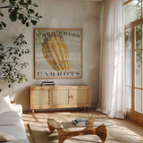 Farm Fresh Carrots by Sue Schlabach. Shown in a natural wood frame in a cozy modern living room. Available as an archival giclee rolled canvas, fine art paper, or poster print. SKU 20840a.