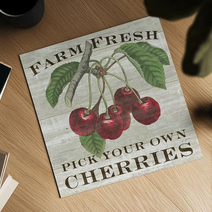 Farm Fresh Cherries Square by Sue Schlabach. Shown as a detailed flat fine art print, highlighting archival giclee quality. Available as an archival giclee rolled canvas, fine art paper, or poster print. SKU 22659a.