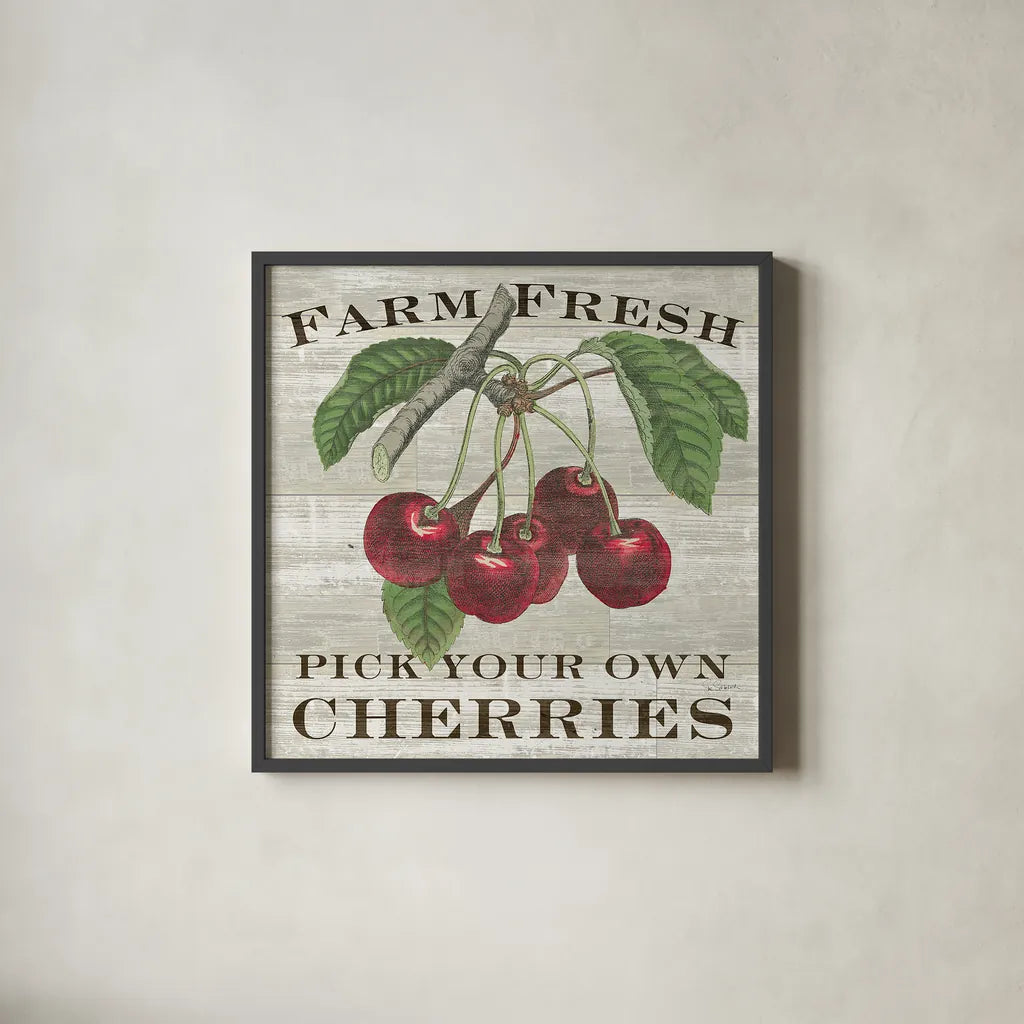 Farm Fresh Cherries Square by Sue Schlabach. Shown in a sleek black glass frame for a contemporary gallery look. Available as an archival giclee rolled canvas, fine art paper, or poster print. SKU 22659a.