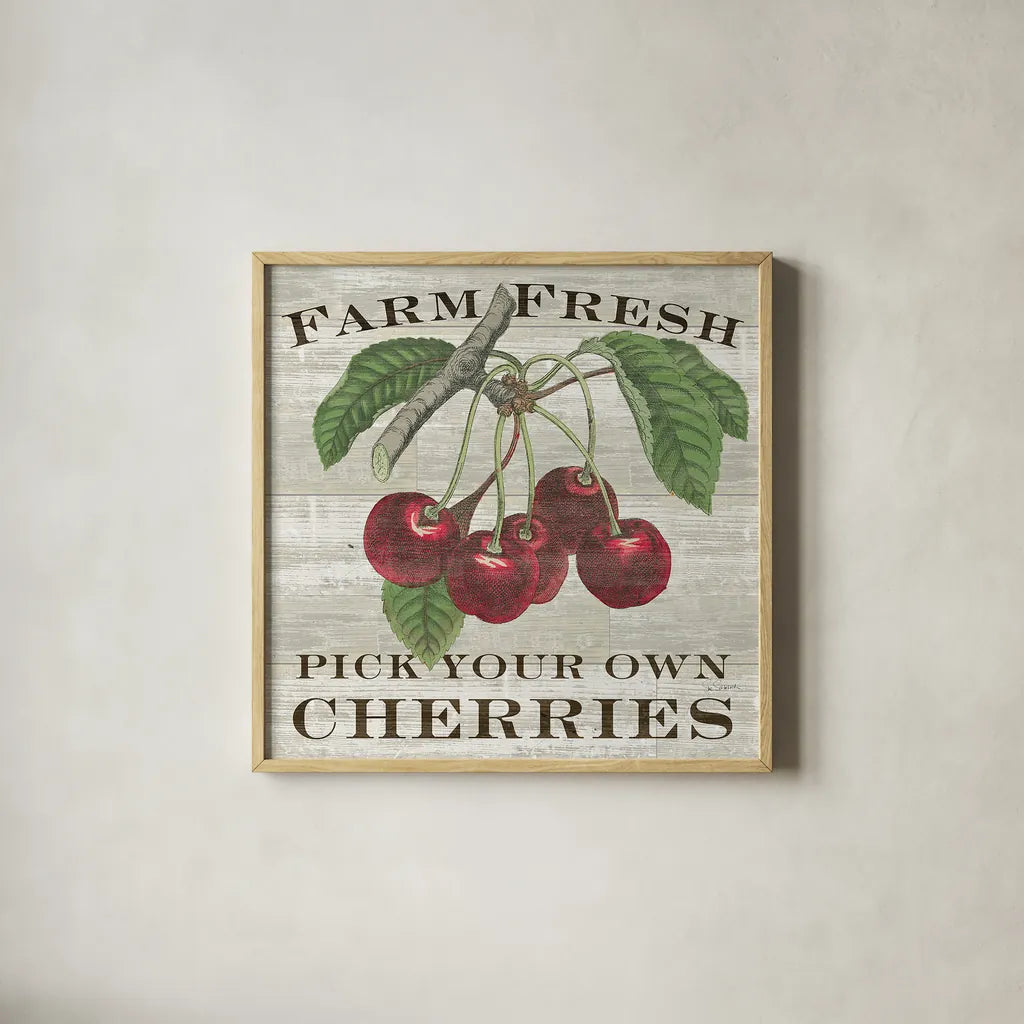 Farm Fresh Cherries Square by Sue Schlabach. Shown in a natural wood glass frame for a timeless modern aesthetic. Available as an archival giclee rolled canvas, fine art paper, or poster print. SKU 22659a.