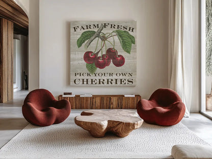 Farm Fresh Cherries Square by Sue Schlabach. Shown as extra-large giant wall art in a modern living room. Available as an archival giclee rolled canvas, fine art paper, or poster print. SKU 22659a.