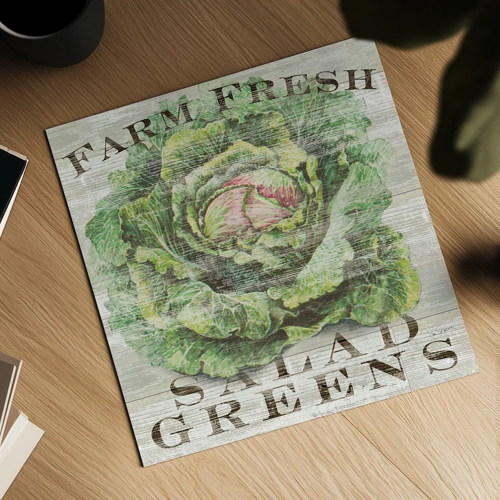 Farm Fresh Greens by Sue Schlabach. Shown as a detailed flat fine art print, highlighting archival giclee quality. Available as an archival giclee rolled canvas, fine art paper, or poster print. SKU 20838a.