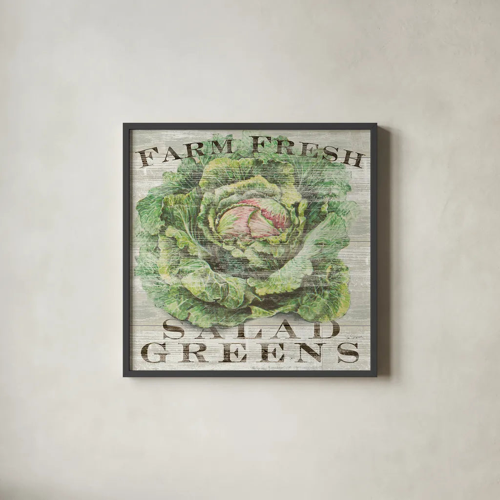 Farm Fresh Greens by Sue Schlabach. Shown in a sleek black glass frame for a contemporary gallery look. Available as an archival giclee rolled canvas, fine art paper, or poster print. SKU 20838a.