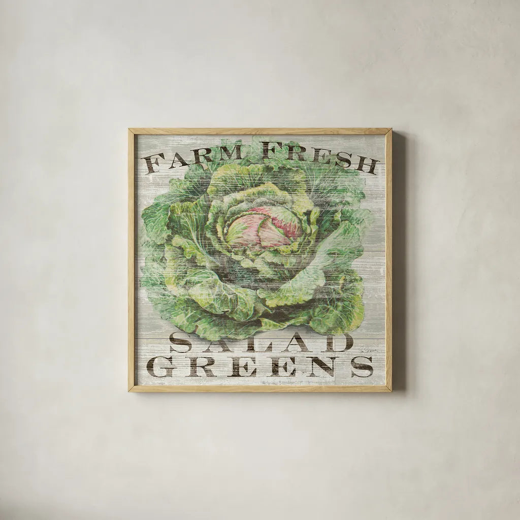 Farm Fresh Greens by Sue Schlabach. Shown in a natural wood glass frame for a timeless modern aesthetic. Available as an archival giclee rolled canvas, fine art paper, or poster print. SKU 20838a.
