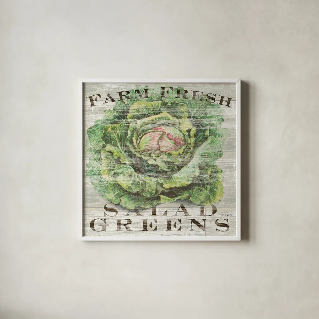 Farm Fresh Greens by Sue Schlabach. Shown in a crisp white glass frame for a clean and minimalist style. Available as an archival giclee rolled canvas, fine art paper, or poster print. SKU 20838a.