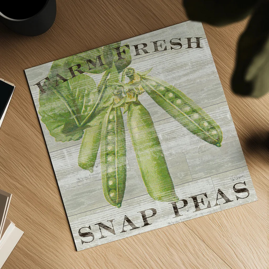 Farm Fresh Peas by Sue Schlabach. Shown as a detailed flat fine art print, highlighting archival giclee quality. Available as an archival giclee rolled canvas, fine art paper, or poster print. SKU 20841a.