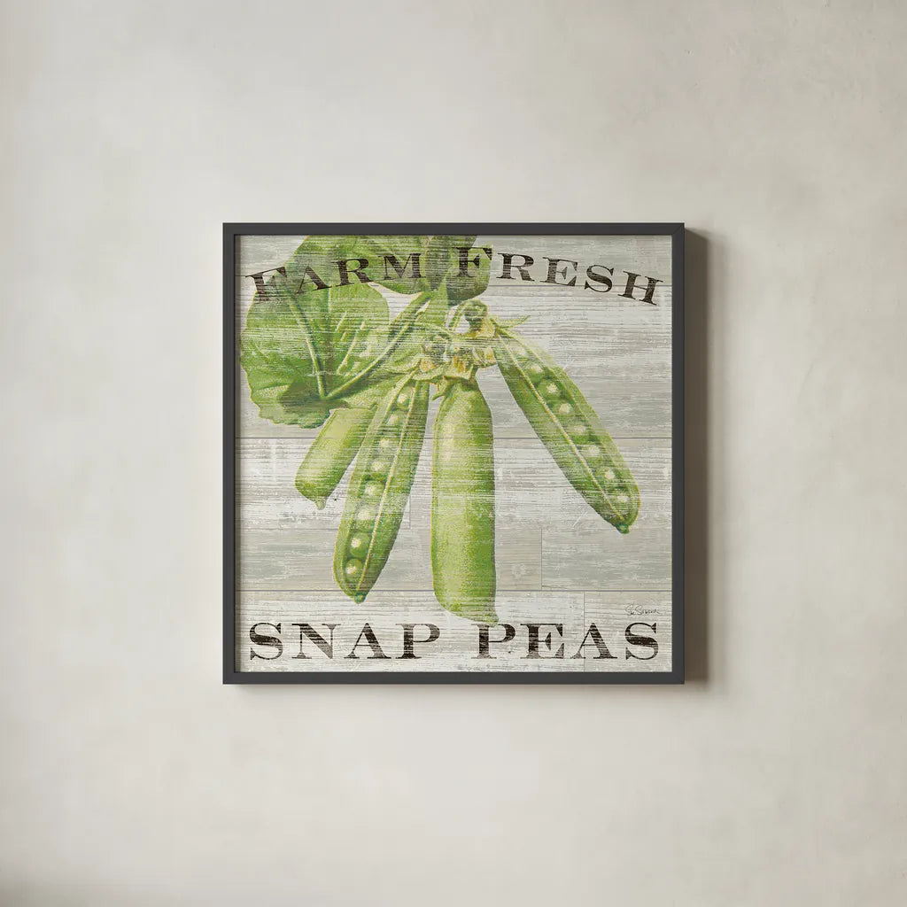 Farm Fresh Peas by Sue Schlabach. Shown in a sleek black glass frame for a contemporary gallery look. Available as an archival giclee rolled canvas, fine art paper, or poster print. SKU 20841a.