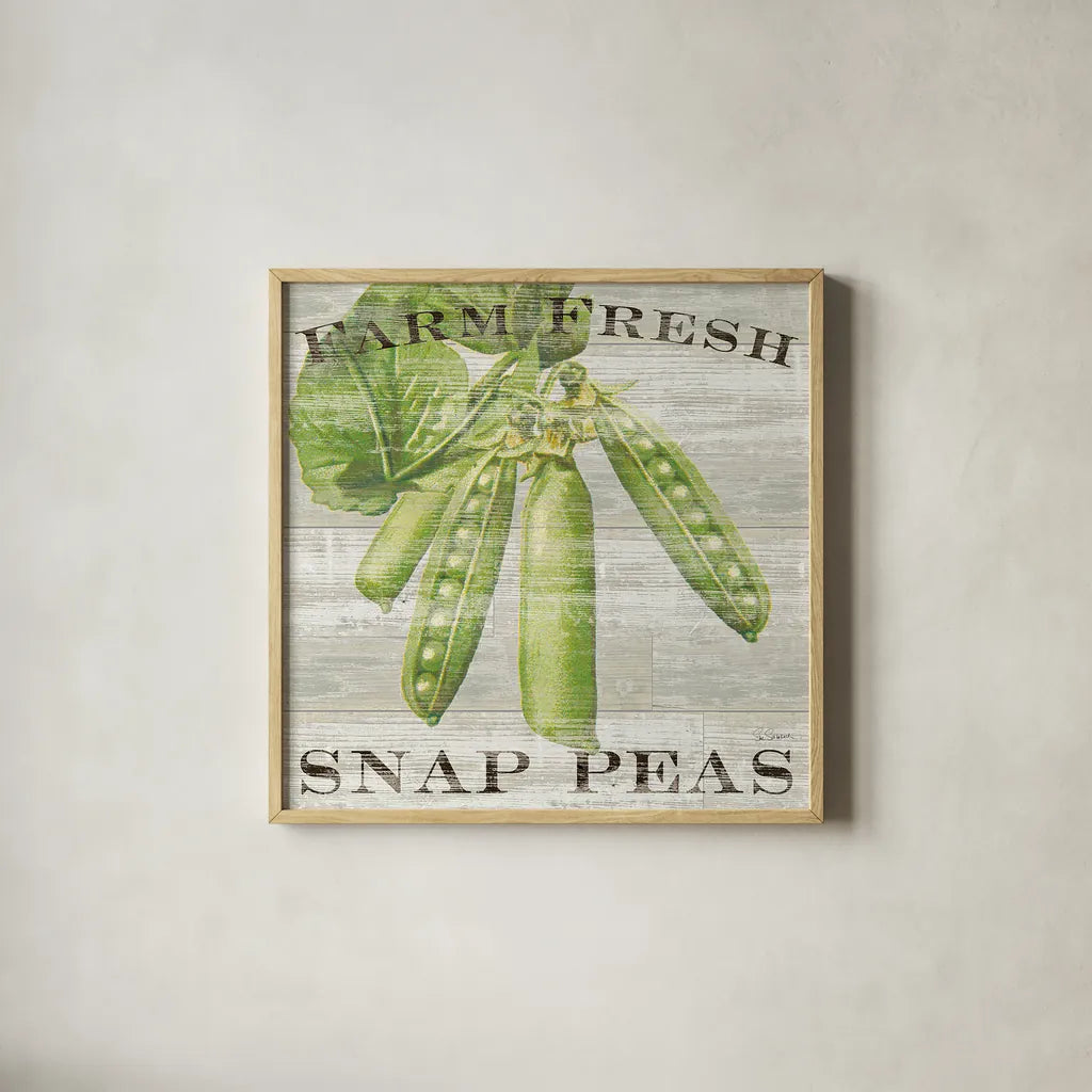 Farm Fresh Peas by Sue Schlabach. Shown in a natural wood glass frame for a timeless modern aesthetic. Available as an archival giclee rolled canvas, fine art paper, or poster print. SKU 20841a.