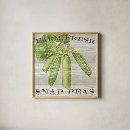 Farm Fresh Peas by Sue Schlabach. Shown in a natural wood glass frame for a timeless modern aesthetic. Available as an archival giclee rolled canvas, fine art paper, or poster print. SKU 20841a.