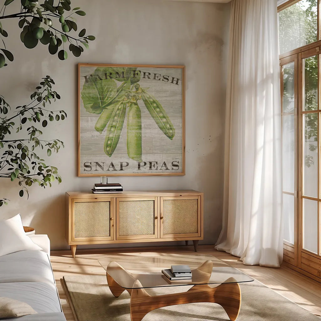 Farm Fresh Peas by Sue Schlabach. Shown in a natural wood frame in a cozy modern living room. Available as an archival giclee rolled canvas, fine art paper, or poster print. SKU 20841a.