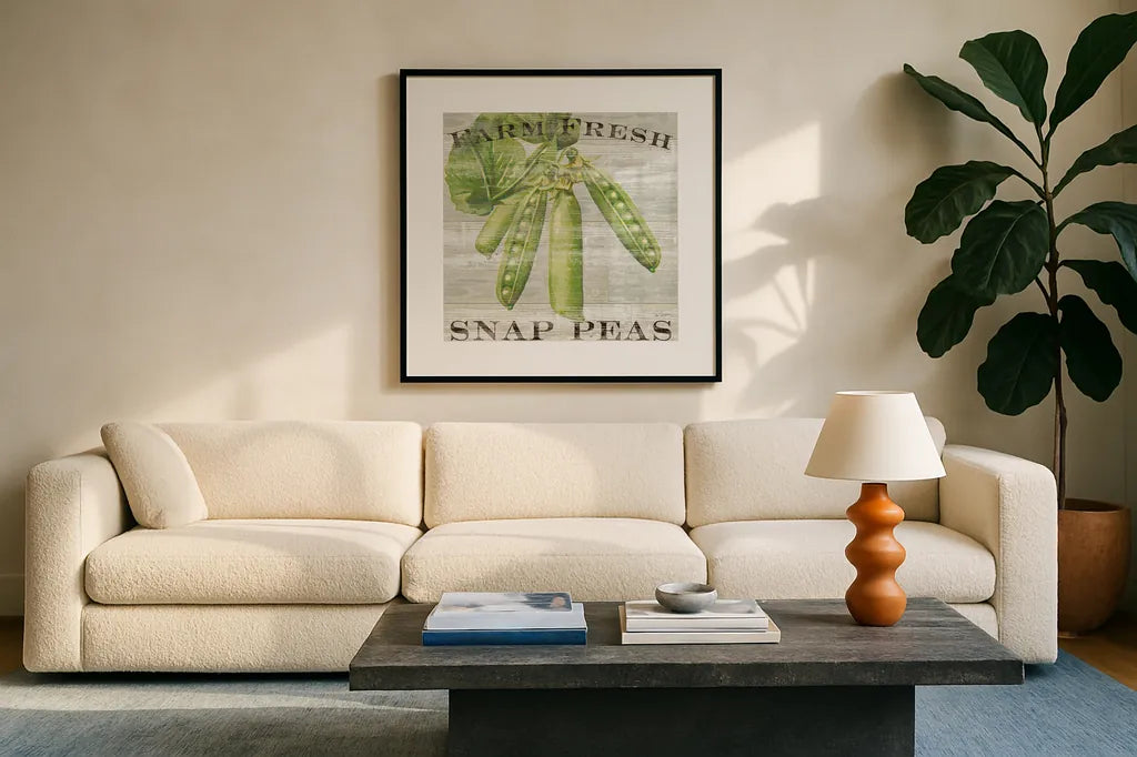 Farm Fresh Peas by Sue Schlabach. Displayed in a glass frame with matte in a clean modern living room. Available as an archival giclee rolled canvas, fine art paper, or poster print. SKU 20841a.
