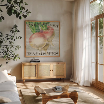 Farm Fresh Radishes by Sue Schlabach. Shown in a natural wood frame in a cozy modern living room. Available as an archival giclee rolled canvas, fine art paper, or poster print. SKU 20839a.