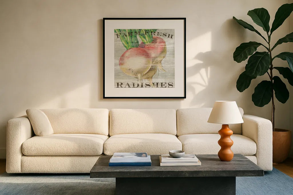 Farm Fresh Radishes by Sue Schlabach. Displayed in a glass frame with matte in a clean modern living room. Available as an archival giclee rolled canvas, fine art paper, or poster print. SKU 20839a.