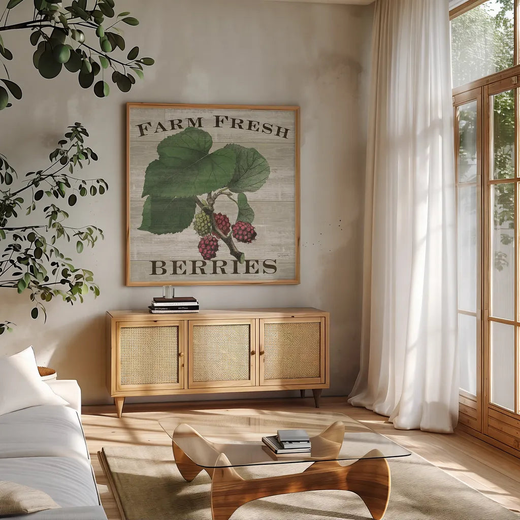 Farm Fresh Raspberries Square by Sue Schlabach. Shown in a natural wood frame in a cozy modern living room. Available as an archival giclee rolled canvas, fine art paper, or poster print. SKU 22660a.