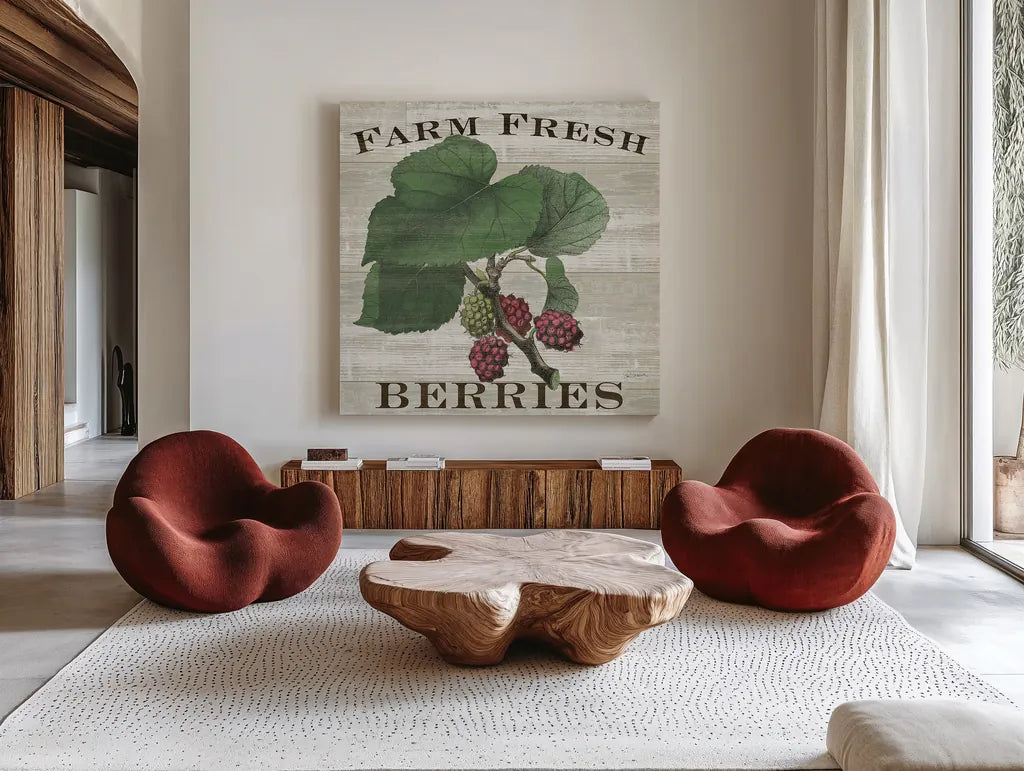 Farm Fresh Raspberries Square by Sue Schlabach. Shown as extra-large giant wall art in a modern living room. Available as an archival giclee rolled canvas, fine art paper, or poster print. SKU 22660a.