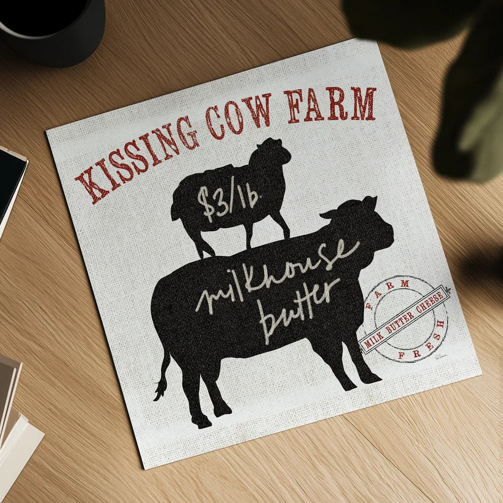 Farm Linen Cow Black by Sue Schlabach. Shown as a detailed flat fine art print, highlighting archival giclee quality. Available as an archival giclee rolled canvas, fine art paper, or poster print. SKU 25093a.