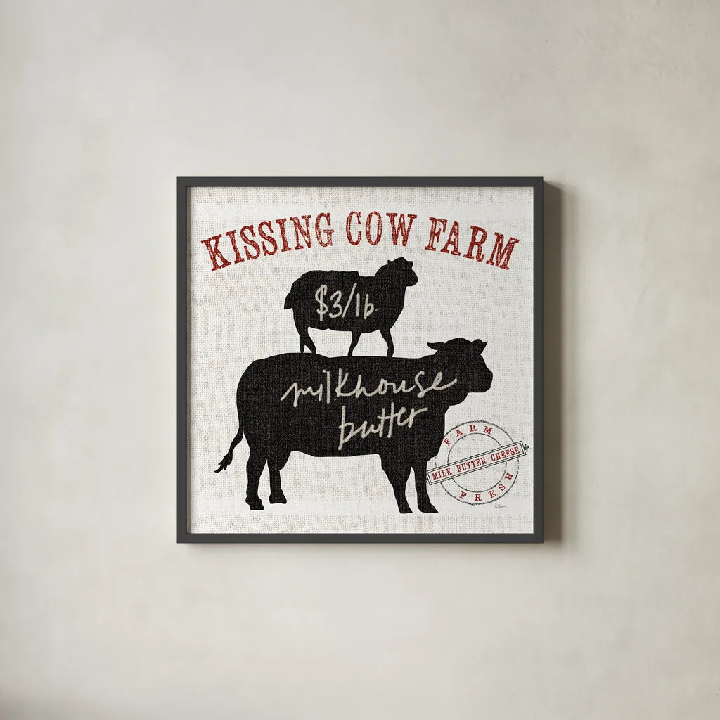 Farm Linen Cow Black by Sue Schlabach. Shown in a sleek black glass frame for a contemporary gallery look. Available as an archival giclee rolled canvas, fine art paper, or poster print. SKU 25093a.