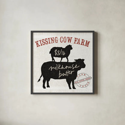 Farm Linen Cow Black by Sue Schlabach. Shown in a sleek black glass frame for a contemporary gallery look. Available as an archival giclee rolled canvas, fine art paper, or poster print. SKU 25093a.