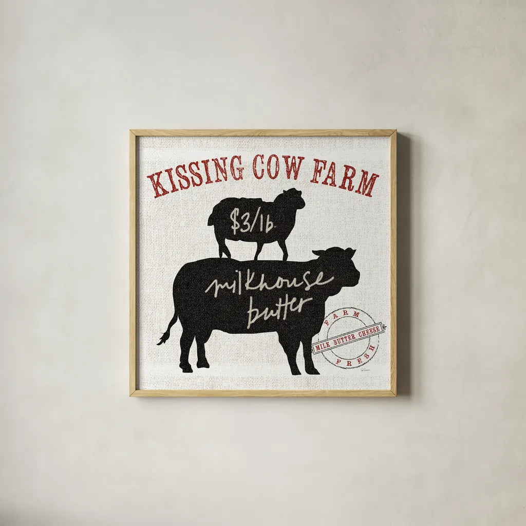 Farm Linen Cow Black by Sue Schlabach. Shown in a natural wood glass frame for a timeless modern aesthetic. Available as an archival giclee rolled canvas, fine art paper, or poster print. SKU 25093a.