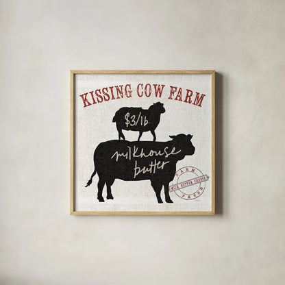 Farm Linen Cow Black by Sue Schlabach. Shown in a natural wood glass frame for a timeless modern aesthetic. Available as an archival giclee rolled canvas, fine art paper, or poster print. SKU 25093a.