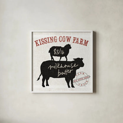 Farm Linen Cow Black by Sue Schlabach. Shown in a crisp white glass frame for a clean and minimalist style. Available as an archival giclee rolled canvas, fine art paper, or poster print. SKU 25093a.