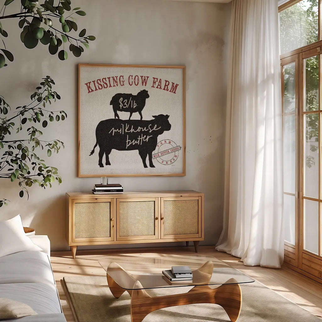 Farm Linen Cow Black by Sue Schlabach. Shown in a natural wood frame in a cozy modern living room. Available as an archival giclee rolled canvas, fine art paper, or poster print. SKU 25093a.