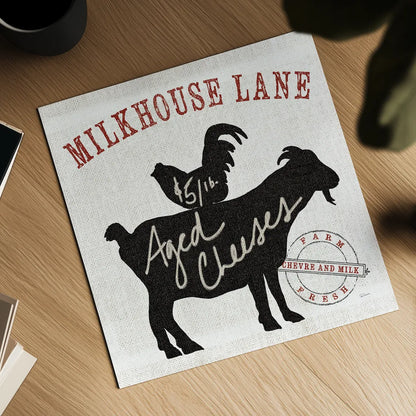 Farm Linen Goat Black by Sue Schlabach. Shown as a detailed flat fine art print, highlighting archival giclee quality. Available as an archival giclee rolled canvas, fine art paper, or poster print. SKU 25094a.