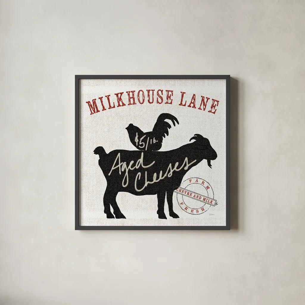 Farm Linen Goat Black by Sue Schlabach. Shown in a sleek black glass frame for a contemporary gallery look. Available as an archival giclee rolled canvas, fine art paper, or poster print. SKU 25094a.