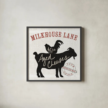 Farm Linen Goat Black by Sue Schlabach. Shown in a sleek black glass frame for a contemporary gallery look. Available as an archival giclee rolled canvas, fine art paper, or poster print. SKU 25094a.