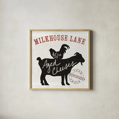 Farm Linen Goat Black by Sue Schlabach. Shown in a natural wood glass frame for a timeless modern aesthetic. Available as an archival giclee rolled canvas, fine art paper, or poster print. SKU 25094a.