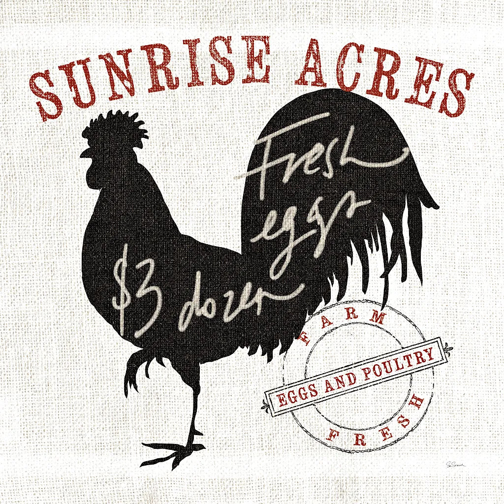 Farm Linen Rooster Black by Sue Schlabach. SKU 25096a. Archival Giclee Fine art print for wall decor.