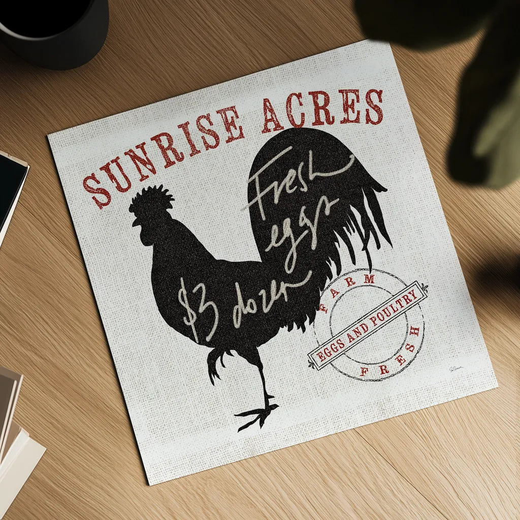 Farm Linen Rooster Black by Sue Schlabach. Shown as a detailed flat fine art print, highlighting archival giclee quality. Available as an archival giclee rolled canvas, fine art paper, or poster print. SKU 25096a.