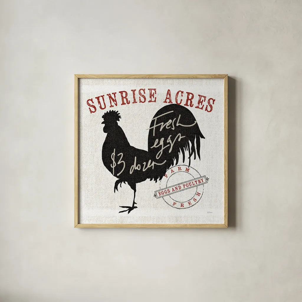 Farm Linen Rooster Black by Sue Schlabach. Shown in a natural wood glass frame for a timeless modern aesthetic. Available as an archival giclee rolled canvas, fine art paper, or poster print. SKU 25096a.