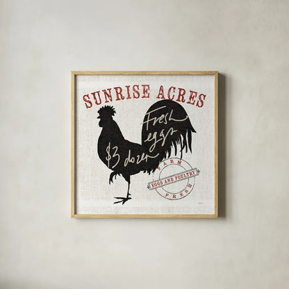 Farm Linen Rooster Black by Sue Schlabach. Shown in a natural wood glass frame for a timeless modern aesthetic. Available as an archival giclee rolled canvas, fine art paper, or poster print. SKU 25096a.