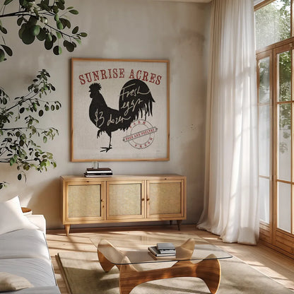 Farm Linen Rooster Black by Sue Schlabach. Shown in a natural wood frame in a cozy modern living room. Available as an archival giclee rolled canvas, fine art paper, or poster print. SKU 25096a.