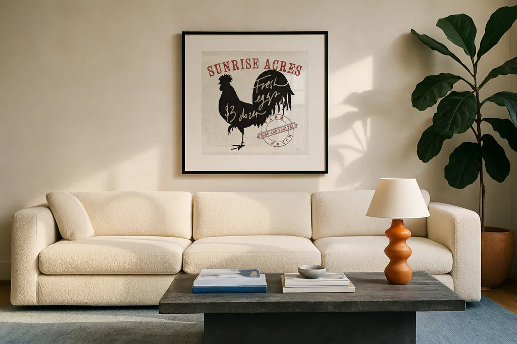 Farm Linen Rooster Black by Sue Schlabach. Displayed in a glass frame with matte in a clean modern living room. Available as an archival giclee rolled canvas, fine art paper, or poster print. SKU 25096a.