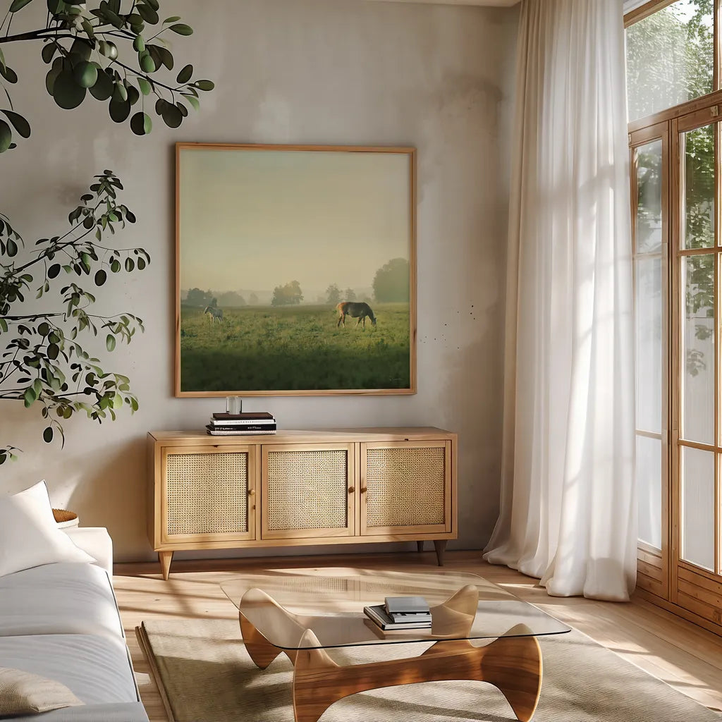 Farm Morning I Square by Sue Schlabach. Shown in a natural wood frame in a cozy modern living room. Available as an archival giclee rolled canvas, fine art paper, or poster print. SKU 27056a.