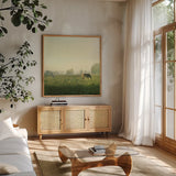 Farm Morning I Square by Sue Schlabach. Shown in a natural wood frame in a cozy modern living room. Available as an archival giclee rolled canvas, fine art paper, or poster print. SKU 27056a.