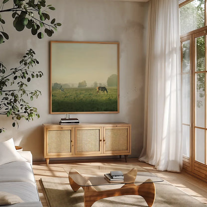 Farm Morning I Square by Sue Schlabach. Shown in a natural wood frame in a cozy modern living room. Available as an archival giclee rolled canvas, fine art paper, or poster print. SKU 27056a.