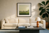 Farm Morning I Square by Sue Schlabach. Displayed in a glass frame with matte in a clean modern living room. Available as an archival giclee rolled canvas, fine art paper, or poster print. SKU 27056a.