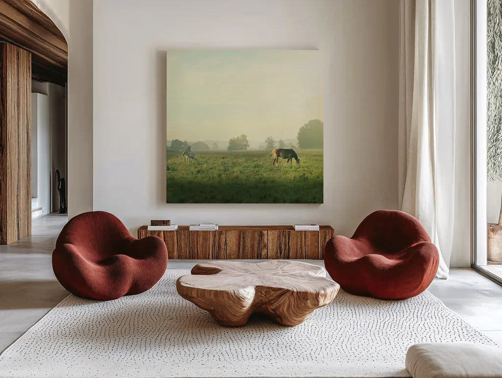 Farm Morning I Square by Sue Schlabach. Shown as extra-large giant wall art in a modern living room. Available as an archival giclee rolled canvas, fine art paper, or poster print. SKU 27056a.