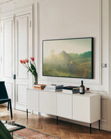 Farm Morning II by Sue Schlabach. shown as a framed stretched canvas in a living room above a console. Available as a archival giclee rolled canvas, fine art paper, or poster print. SKU 27057i.