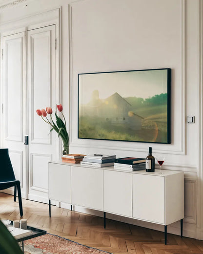 Farm Morning II by Sue Schlabach. shown as a framed stretched canvas in a living room above a console. Available as a archival giclee rolled canvas, fine art paper, or poster print. SKU 27057i.