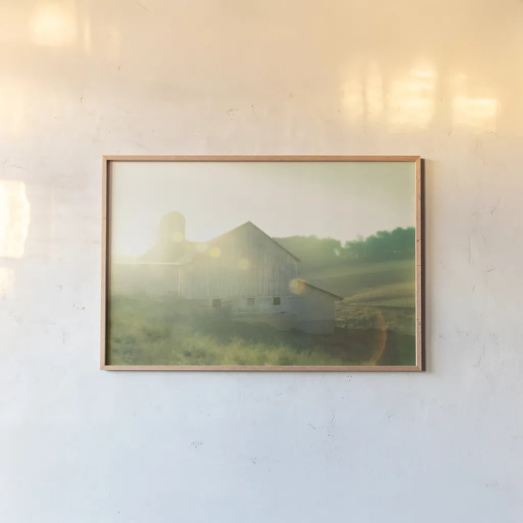 Farm Morning II by Sue Schlabach. shown as a paper print in a natural frame. Available as a archival giclee rolled canvas, fine art paper, or poster print. SKU 27057i.