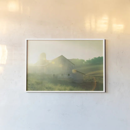 Farm Morning II by Sue Schlabach. shown as a paper print in a white frame. Available as a archival giclee rolled canvas, fine art paper, or poster print. SKU 27057i.