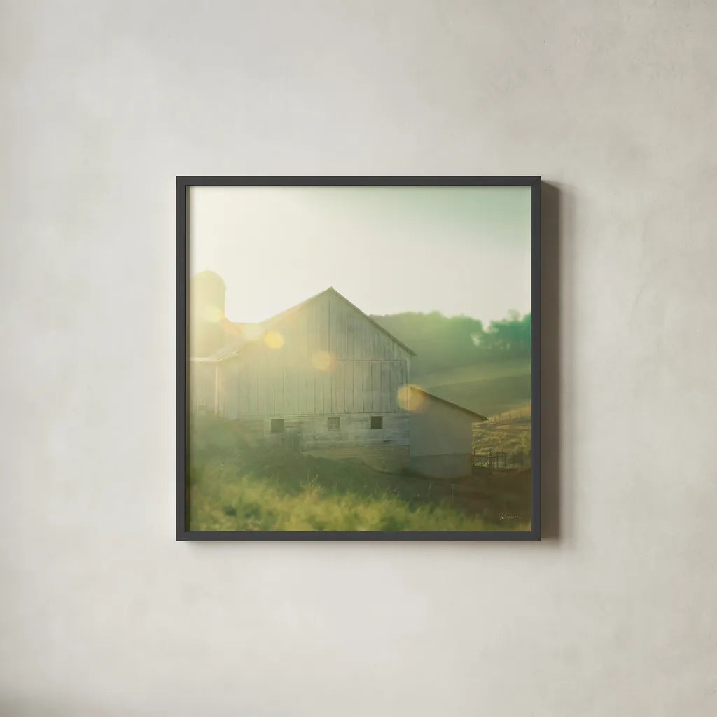 Farm Morning II Square by Sue Schlabach. Shown in a sleek black glass frame for a contemporary gallery look. Available as an archival giclee rolled canvas, fine art paper, or poster print. SKU 27057a.
