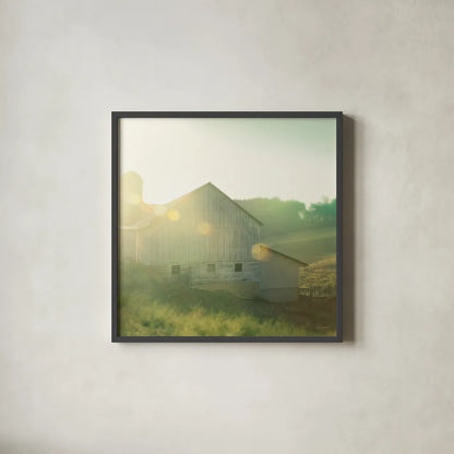Farm Morning II Square by Sue Schlabach. Shown in a sleek black glass frame for a contemporary gallery look. Available as an archival giclee rolled canvas, fine art paper, or poster print. SKU 27057a.