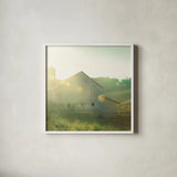 Farm Morning II Square by Sue Schlabach. Shown in a crisp white glass frame for a clean and minimalist style. Available as an archival giclee rolled canvas, fine art paper, or poster print. SKU 27057a.