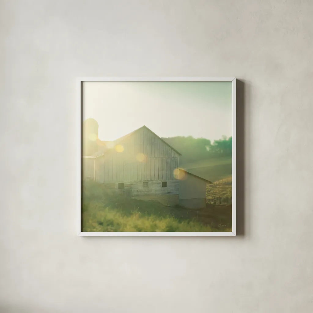 Farm Morning II Square by Sue Schlabach. Shown in a crisp white glass frame for a clean and minimalist style. Available as an archival giclee rolled canvas, fine art paper, or poster print. SKU 27057a.