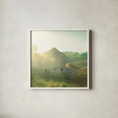 Farm Morning II Square by Sue Schlabach. Shown in a crisp white glass frame for a clean and minimalist style. Available as an archival giclee rolled canvas, fine art paper, or poster print. SKU 27057a.